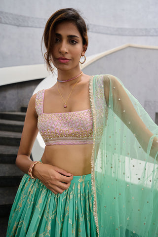 Veda Sea Green And Pink Lehenga Set by Chamee And Palak, available on Indiaspopup.com