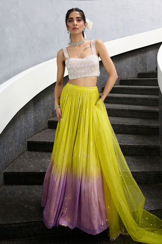 Elaya Lime Green And Lavender Lehenga Set by Chamee And Palak, available on Indiaspopup.com