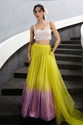 Elaya Lime Green And Lavender Lehenga Set by Chamee And Palak, available on Indiaspopup.com