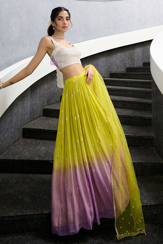 Elaya Lime Green And Lavender Lehenga Set by Chamee And Palak, available on Indiaspopup.com