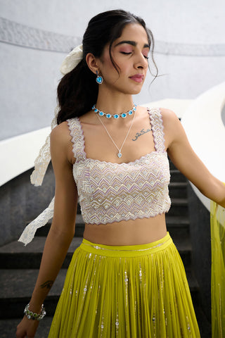 Elaya Lime Green And Lavender Lehenga Set by Chamee And Palak, available on Indiaspopup.com