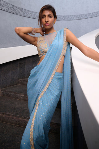 Naz Blue Sari And Blouse by Chamee And Palak, available on Indiaspopup.com