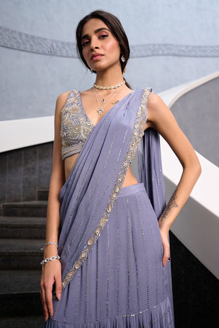 Thea Gray Sari And Blouse by Chamee And Palak, available on Indiaspopup.com