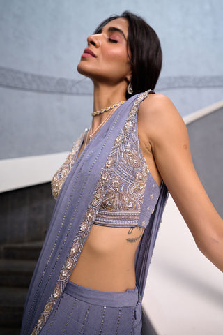 Thea Gray Sari And Blouse by Chamee And Palak, available on Indiaspopup.com