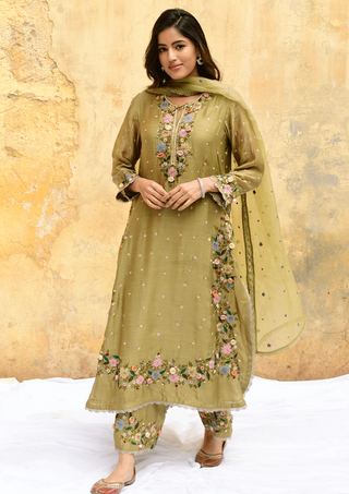 Niti Bothra-Olive Green Orchid Heavy Long Kurta Set-INDIASPOPUP.COM