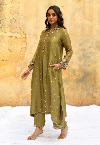 Niti Bothra-Olive Green Orchid Collar Kurta And Pants-INDIASPOPUP.COM