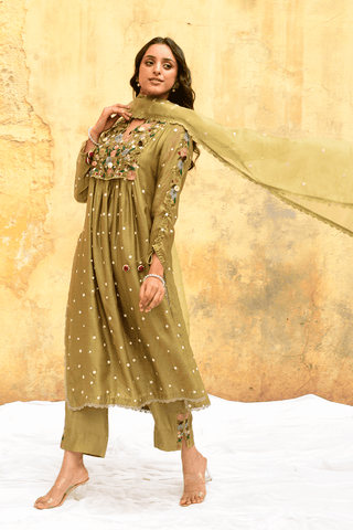 Niti Bothra-Olive Green Orchid Kurta And Pants-INDIASPOPUP.COM