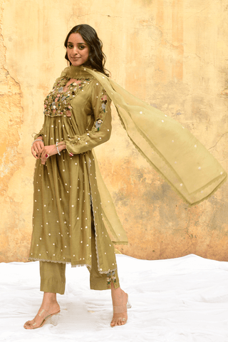 Niti Bothra-Olive Green Orchid Kurta And Pants-INDIASPOPUP.COM