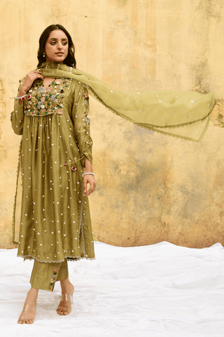 Niti Bothra-Olive Green Orchid Kurta And Pants-INDIASPOPUP.COM