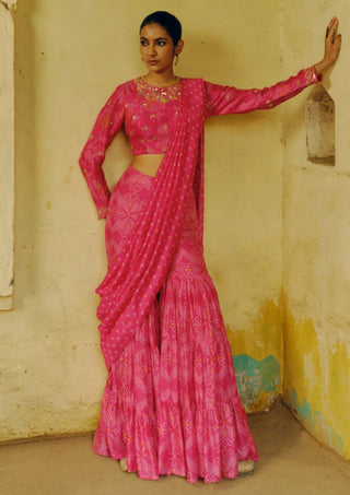 Drishti & Zahabia-Rani Pink Sharara Sari And Blouse-INDIASPOPUP.COM