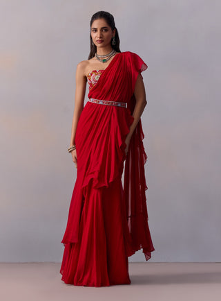 Jiah Red Draped Ruffle Sari Set by Kalista available on Indiaspopup.com