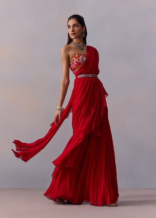 Jiah Red Draped Ruffle Sari Set by Kalista available on Indiaspopup.com