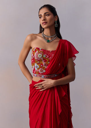 Jiah Red Draped Ruffle Sari Set by Kalista available on Indiaspopup.com