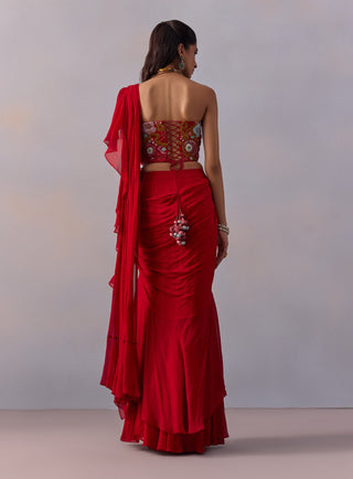 Jiah Red Draped Ruffle Sari Set by Kalista available on Indiaspopup.com