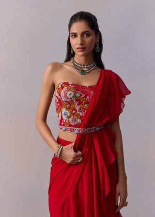 Jiah Red Draped Ruffle Sari Set by Kalista available on Indiaspopup.com