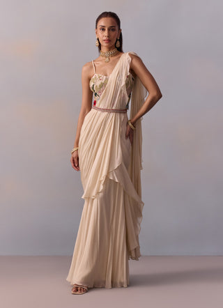 Saira Ivory Draped Ruffle Sari Set by Kalista available on Indiaspopup.com