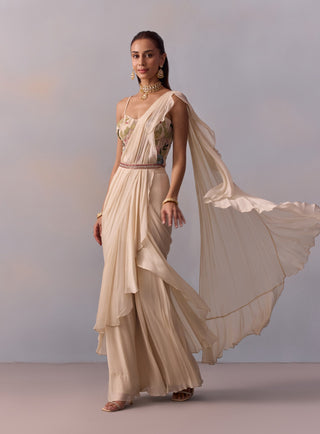 Saira Ivory Draped Ruffle Sari Set by Kalista available on Indiaspopup.com