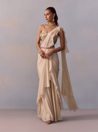 Saira Ivory Draped Ruffle Sari Set by Kalista available on Indiaspopup.com