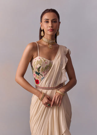 Saira Ivory Draped Ruffle Sari Set by Kalista available on Indiaspopup.com