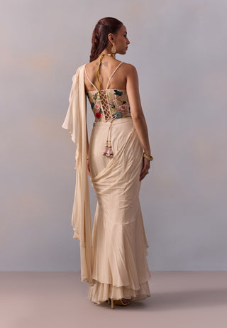 Saira Ivory Draped Ruffle Sari Set by Kalista available on Indiaspopup.com