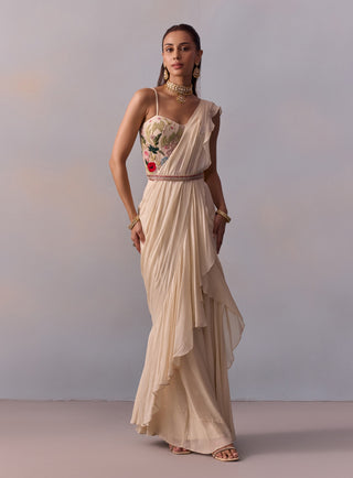 Saira Ivory Draped Ruffle Sari Set by Kalista available on Indiaspopup.com