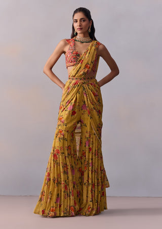 Sabia Yellow Draped Gharara Sari Set by Kalista available on Indiaspopup.com