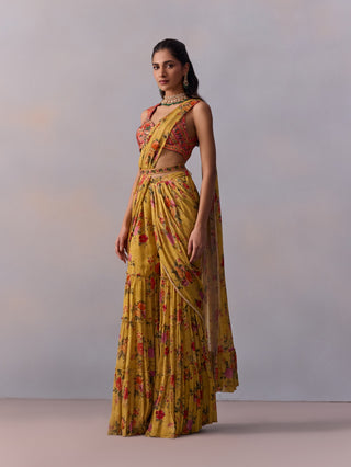 Sabia Yellow Draped Gharara Sari Set by Kalista available on Indiaspopup.com