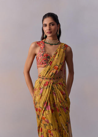 Sabia Yellow Draped Gharara Sari Set by Kalista available on Indiaspopup.com