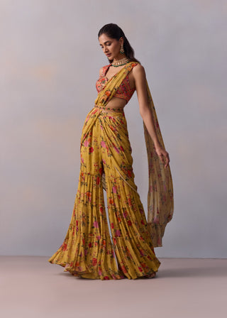 Sabia Yellow Draped Gharara Sari Set by Kalista available on Indiaspopup.com