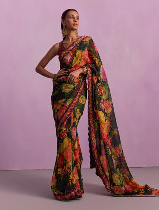 Ruhie Multicolor Floral Sari And Blouse by Kalista available on Indiaspopup.com