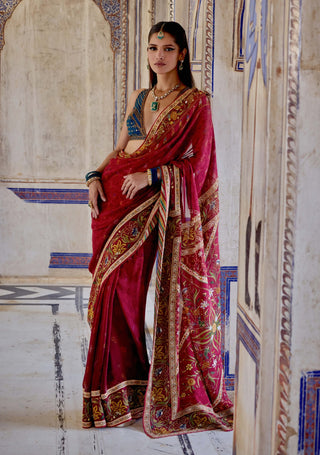 Chhaya Ruby Red Sari And Blouse by Kalista available on Indiaspopup