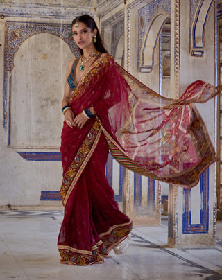 Chhaya Ruby Red Sari And Blouse by Kalista available on Indiaspopup