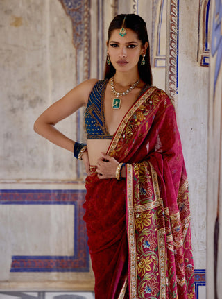 Chhaya Ruby Red Sari And Blouse by Kalista available on Indiaspopup