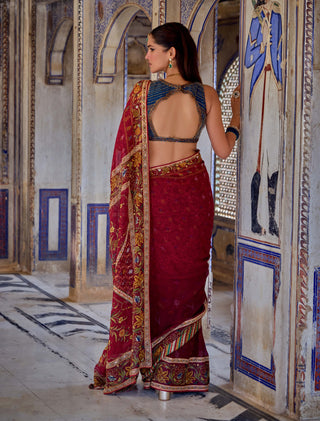 Chhaya Ruby Red Sari And Blouse by Kalista available on Indiaspopup