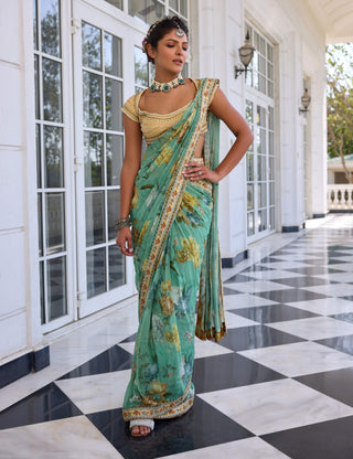 Frida rama green draped sari and blouse