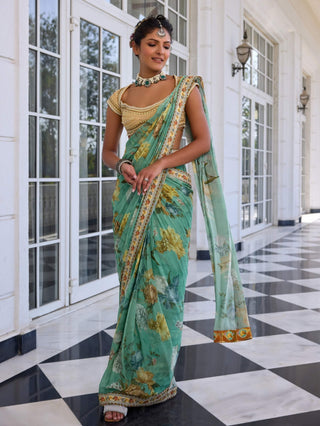 Frida rama green draped sari and blouse