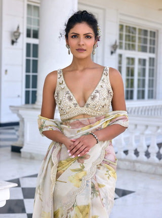 Lisa ecru draped sari and blouse