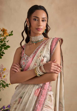 Yuvika powder pink and ivory sari and blouse