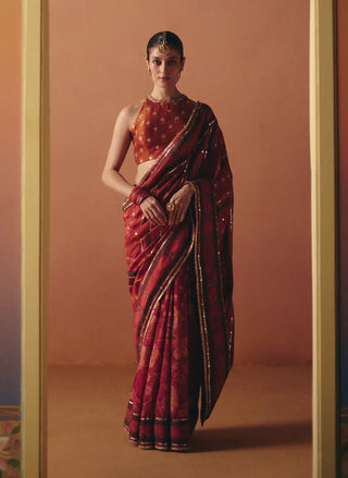 Meher rust printed sari with blouse