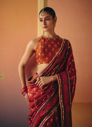 Meher rust printed sari with blouse