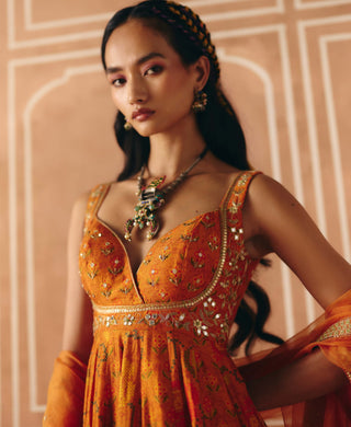 Burnt orange printed anarkali set