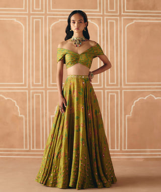 Parrot green off-shoulder lehenga set