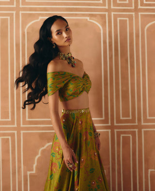 Parrot green off-shoulder lehenga set