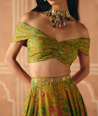 Parrot green off-shoulder lehenga set