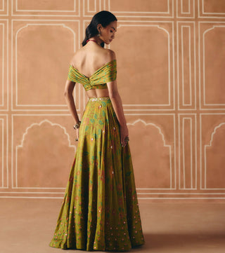 Parrot green off-shoulder lehenga set
