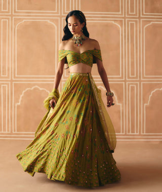 Parrot green off-shoulder lehenga set