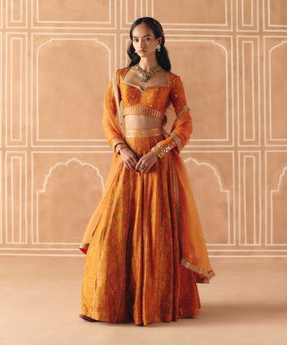 Burnt orange mix print panel lehenga set