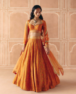 Burnt orange mix print panel lehenga set