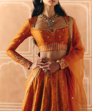 Burnt orange mix print panel lehenga set