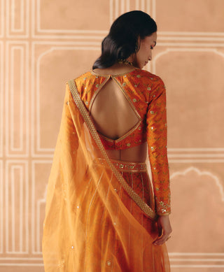 Burnt orange mix print panel lehenga set